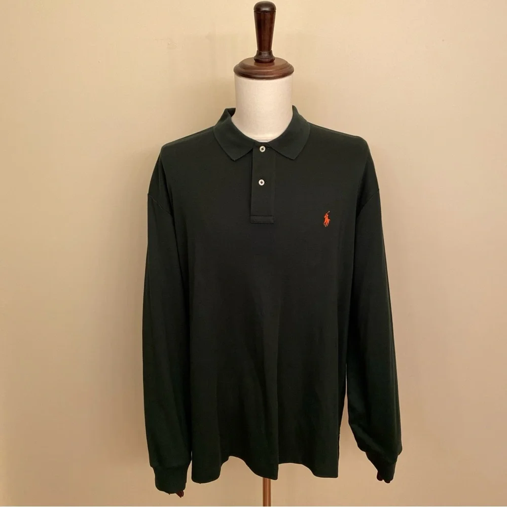 Polo Ralph Lauren Men’s Green XL Pima Soft Touch Long Sleeve Polo Orange Pony‎